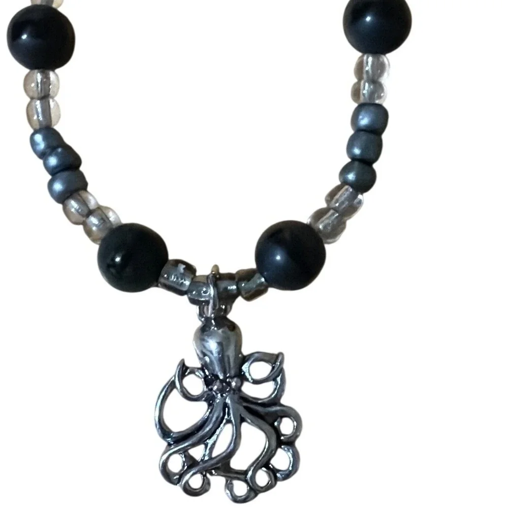 Octopus Charm Necklace Black Gray Beaded Pendant Ocean Themed Coastal Gift